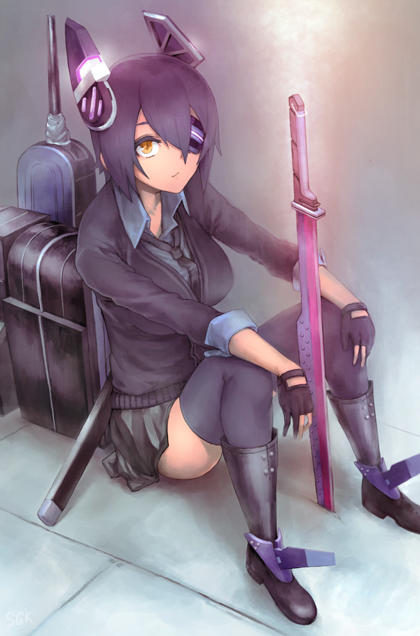 boots breasts cardigan eyepatch fingerless_gloves gloves headgear kantai_collection large_breasts looking_at_viewer looking_up mecha_musume necktie planted_sword planted_weapon purple_hair scabbard school_uniform sgk sheath short_hair sitting skirt solo sword tenryuu_(kantai_collection) thighhighs weapon yellow_eyes