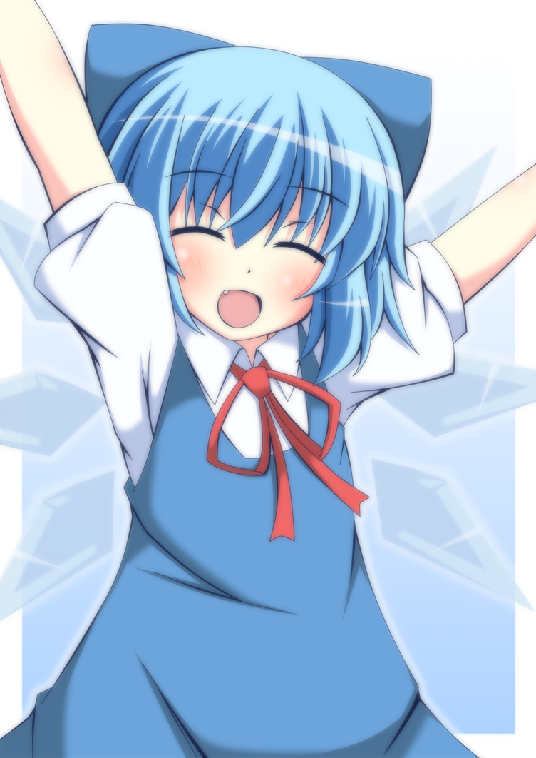 arms_up blue_dress blue_hair blush bow cirno closed_eyes dress fang hair_bow ice ice_wings masiromu open_mouth puffy_sleeves shirt short_sleeves smile solo touhou wings