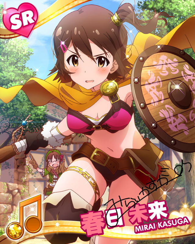 akizuki_ritsuko armpits artist_request beamed_eighth_notes belt bokken brown_eyes brown_hair buckler cape card_(medium) character_name character_signature gloves hair_ornament hairclip idolmaster idolmaster_(classic) idolmaster_million_live! kasuga_mirai looking_at_viewer multiple_girls musical_note navel official_art one_side_up shield solo_focus sword thighlet weapon wooden_sword