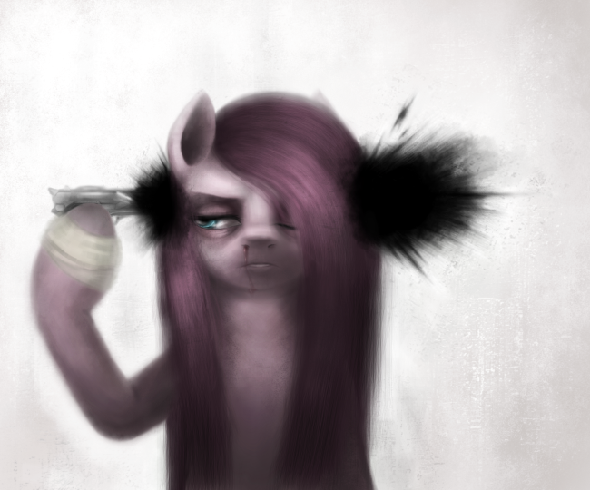 blood blue_eyes creepy equine female feral friendship_is_magic fur grotesque_death gun hair horse long_hair mammal my_little_pony one_eye_closed pink_fur pink_hair pinkamena_(mlp) pinkie_pie_(mlp) plain_background pony ranged_weapon reaction_image solo straight_hair ventious weapon wrap wraps