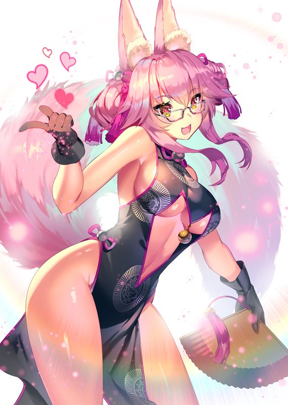1girl :d aguy animal_ear_fluff animal_ears bare_shoulders bell black_dress black_gloves breasts china_dress chinese_clothes dress eyebrows_visible_through_hair fan fate/grand_order fate_(series) folding_fan fox_ears fox_girl fox_tail glasses gloves hair_ornament heart holding holding_fan jingle_bell koyanskaya navel open_mouth pink_hair sleeveless sleeveless_dress slit_pupils smile solo tail thighs underboob yellow_eyes