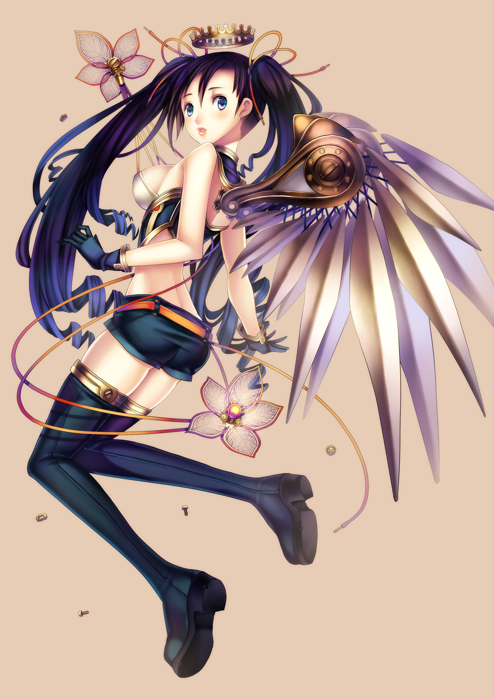 bare_shoulders belt blue_eyes blush boots breasts falseele flower gloves highres lips long_hair looking_back mechanical_halo mechanical_wings medium_breasts original parted_lips purple_hair shorts sideboob solo thigh_boots thighhighs twintails wings