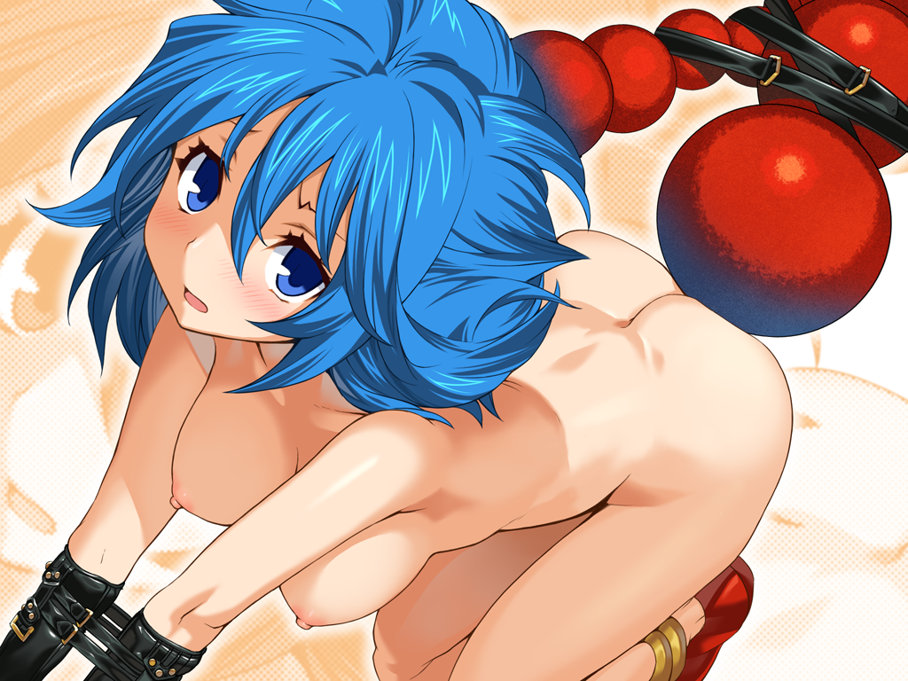 ass bdsm blue_eyes blue_hair bound bound_arms breasts character_request hanging_breasts medium_breasts nipples nude open_mouth rance_(series) rance_01 scorpion_girl shunin solo zoom_layer
