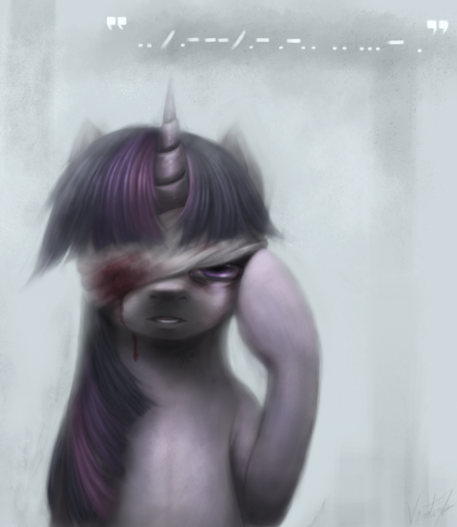 blood creepy equine eye_patch eyewear female feral friendship_is_magic fur hair horn horse long_hair looking_at_viewer mammal morse_code multi-colored_hair my_little_pony open_mouth plain_background pony purple_eyes purple_hair solo teeth text twilight_sparkle_(mlp) unicorn ventious wrap
