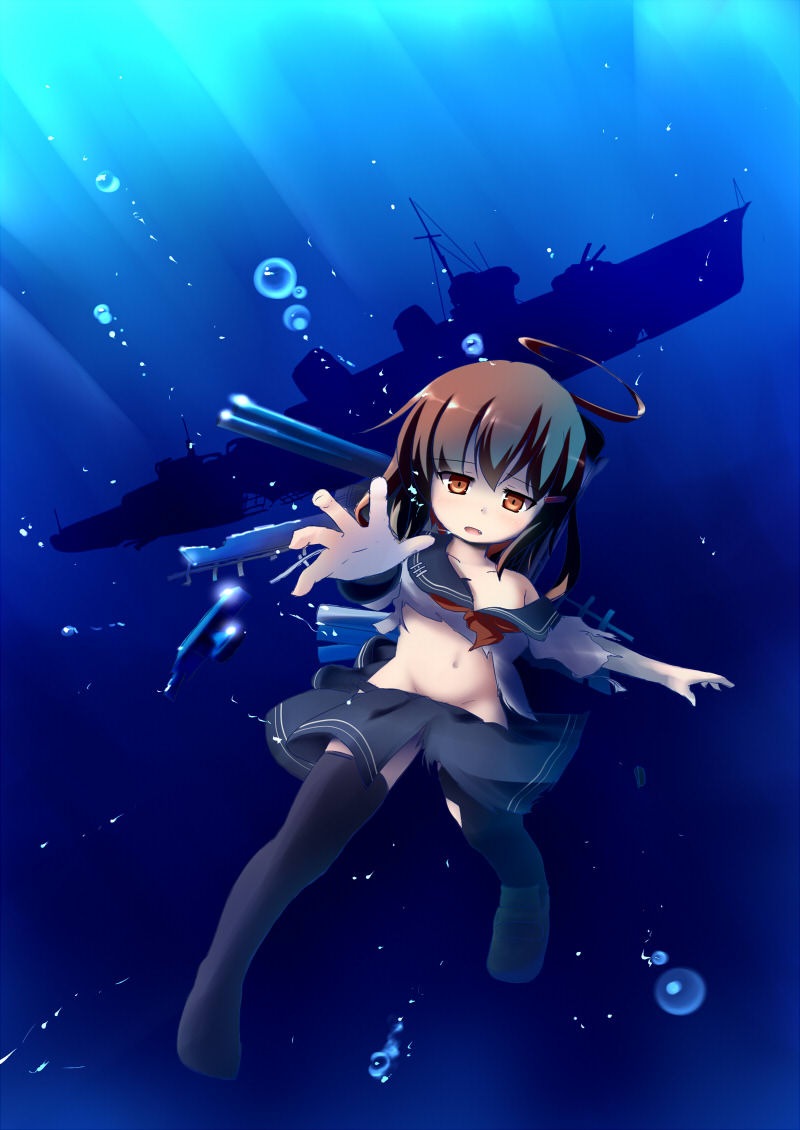 ahoge air_bubble asphyxiation black_legwear brown_eyes brown_hair bubble drowning fang hair_ornament ikazuchi_(kantai_collection) immersed kantai_collection looking_at_viewer open_mouth reaching_out school_uniform serafuku sinking skirt solo submerged thighhighs torn_clothes torn_legwear tsubasa_(abchipika) underwater wet wet_clothes zettai_ryouiki