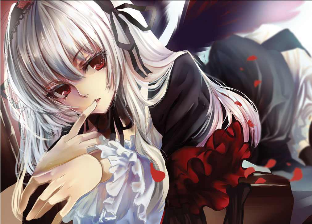 black_dress black_wings doll_joints dress finger_to_mouth gothic_lolita hairband layered_dress lolita_fashion lolita_hairband long_hair long_sleeves looking_at_viewer lying on_stomach petals red_eyes rozen_maiden silver_hair solo suigintou white_dress wide_sleeves wings yuki_hikari