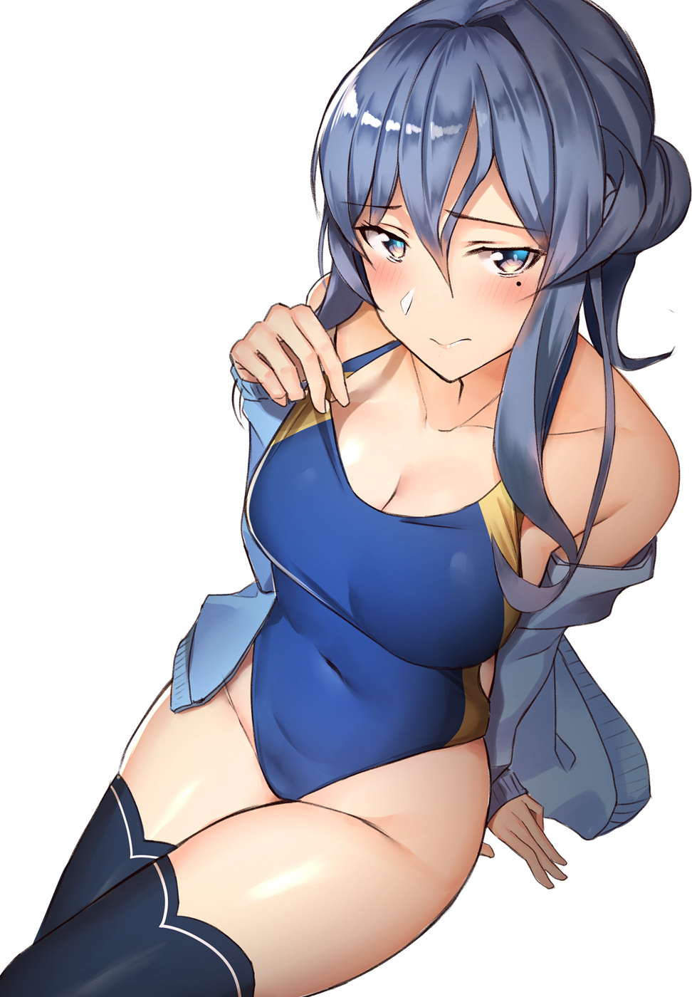 1girl bangs bare_shoulders black_legwear blue_cardigan blue_hair blue_swimsuit blush breasts cardigan closed_mouth collarbone gotland_(kantai_collection) hair_between_eyes highres kantai_collection large_breasts long_hair looking_at_viewer mole mole_under_eye navel one-piece_swimsuit pallad simple_background solo swimsuit thighhighs thighs white_background