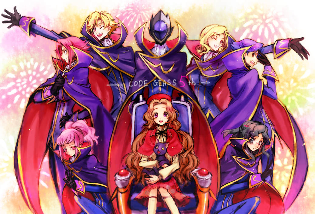 5girls anya_alstreim arthur_(code_geass) c_(rahit) cat code_geass cosplay dress fireworks gino_weinberg gloves hat kallen_stadtfeld milly_ashford multiple_boys multiple_girls nina_einstein nunnally_lamperouge rivalz_cardemonde smile spoilers wheelchair zero_(code_geass) zero_(code_geass)_(cosplay)