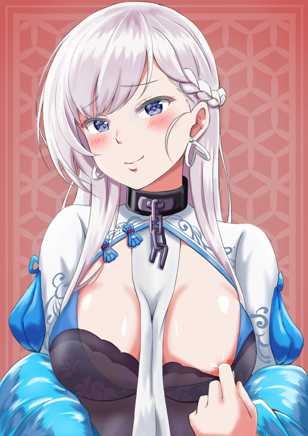 1girl alternate_costume areola_slip areolae azur_lane belfast_(iridescent_rose)_(azur_lane) black_dress blue_eyes blush braid breasts chains china_dress chinese_clothes cleavage_cutout closed_mouth collar commentary_request dress dress_pull earrings eyebrows_visible_through_hair french_braid head_tilt heart heart_earrings highres jewelry large_breasts lips long_hair looking_at_viewer pelvic_curtain pulled_by_self shiny shiny_skin side_braid sidelocks silver_hair smile user_ujzx4875