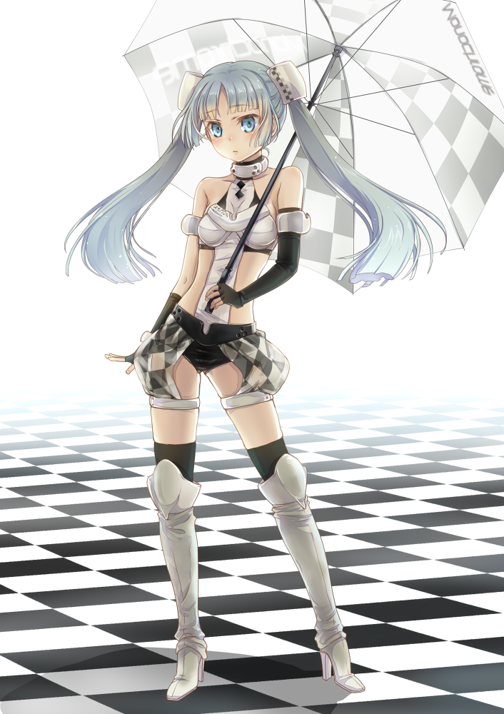 blue_eyes boots checkered checkered_background elbow_gloves fingerless_gloves gloves high_heels knee_boots long_hair miss_monochrome miss_monochrome_(character) race_queen silver_hair solo thighhighs twintails umbrella yamano_uzura