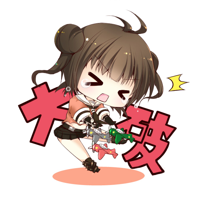 &gt;_&lt; 1girl aircraft airplane antenna_hair bangs blunt_bangs brown_hair closed_eyes double_bun kantai_collection naka_(kantai_collection) rectangular_mouth short_sleeves simple_background skirt solo tears translated white_background yuncha