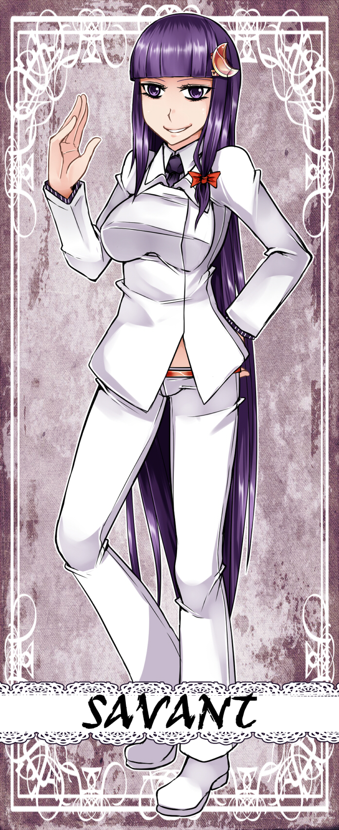 alternate_costume aoshima commentary_request contemporary crescent crescent_hair_ornament dress_shirt french grin hair_ornament hand_on_hip highres impossible_clothes impossible_shirt long_hair necktie no_hat no_headwear patchouli_knowledge purple_eyes purple_hair shirt smile solo touhou