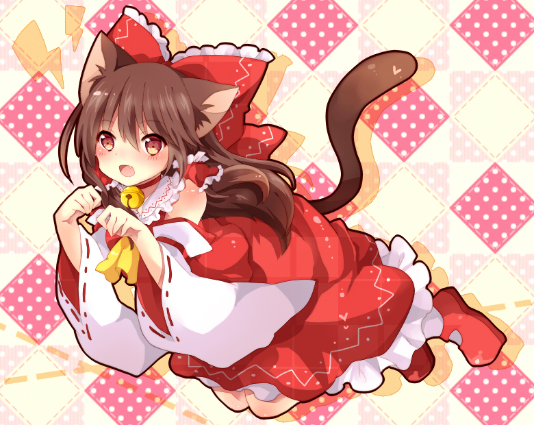 animal_ears argyle argyle_background ascot bad_id bad_pixiv_id bare_shoulders bell bell_collar bow brown_eyes brown_hair cat_ears cat_tail collar detached_sleeves dress fang hair_bow hair_tubes hakurei_reimu kemonomimi_mode long_sleeves open_mouth paw_pose red_dress solo tail touhou uguisu_mochi_(ykss35) wide_sleeves