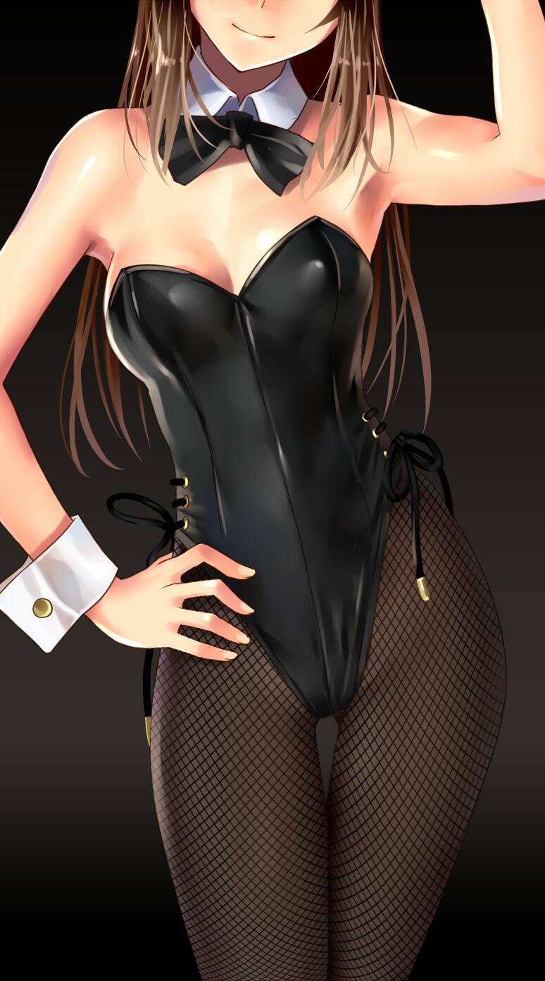 bare_shoulders black_legwear bow bowtie breasts brown_hair bunnysuit cleavage contrapposto detached_collar fishnet_pantyhose fishnets hand_on_hip head_out_of_frame highres jpeg_artifacts katahira_masashi long_hair medium_breasts original pantyhose smile solo standing thigh_gap wrist_cuffs