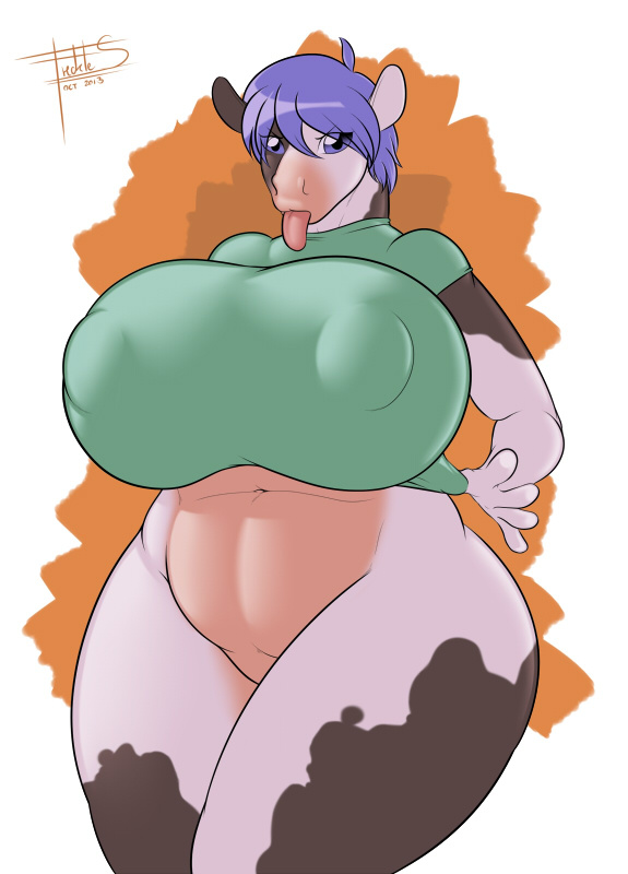 anthro big_breasts blue_eyes blue_hair bottomless bovine breasts cattle chubby erect_nipples female freckles_(artist) hair huge_breasts mammal navel nipples solo tongue tongue_out