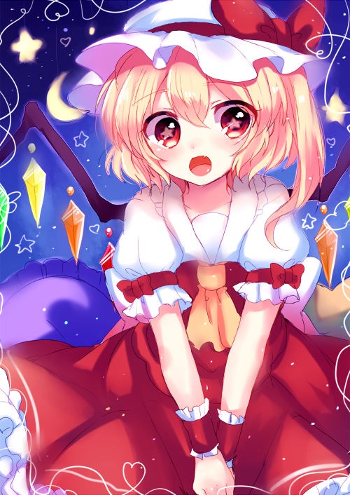 ascot blonde_hair blush crystal fang flandre_scarlet hat open_mouth paragasu_(parags112) red_eyes ribbon short_hair side_ponytail skirt smile solo star star-shaped_pupils symbol-shaped_pupils touhou vest wings