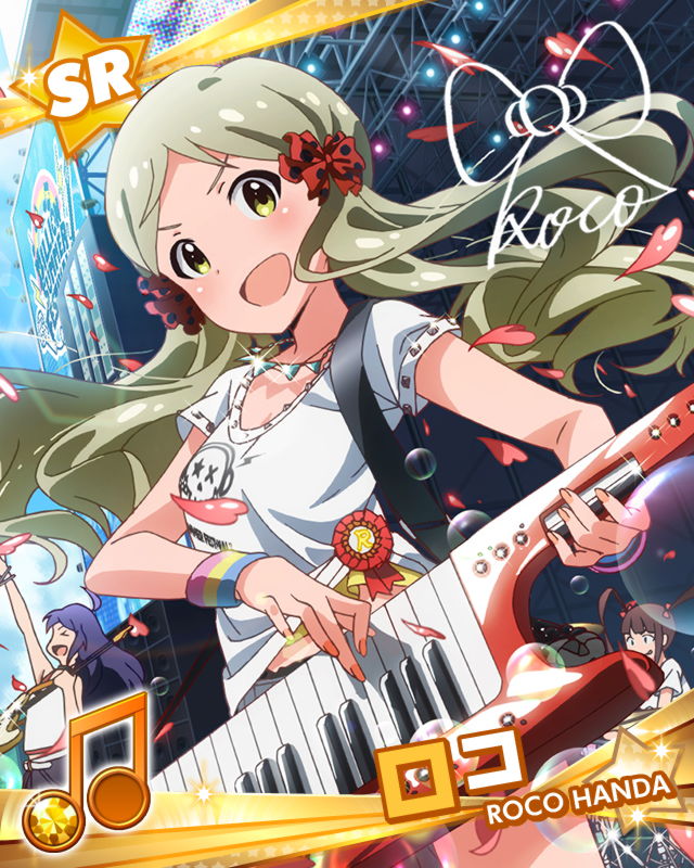 :d artist_request beamed_eighth_notes card_(medium) character_name character_signature green_eyes grey_hair handa_roko idolmaster idolmaster_million_live! instrument keytar long_hair looking_at_viewer matsuda_arisa mochizuki_anna multiple_girls music musical_note official_art open_mouth playing_instrument smile