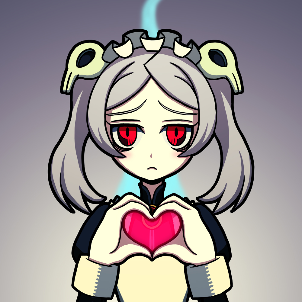 bags_under_eyes bloody_marie_(skullgirls) commentary_request grey_hair hair_ornament heart heart_hands light_frown looking_at_viewer maid maid_headdress red_eyes shisen skull_hair_ornament skullgirls solo twintails wrist_cuffs