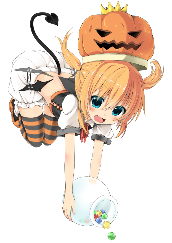 :d afterimage bat_wings bloomers blue_eyes brown_hair candy demon_tail dodome-iro_mayonnaise fang food halloween jack-o'-lantern open_mouth original pot short_twintails smile solo striped striped_legwear tail thighhighs twintails underwear wings