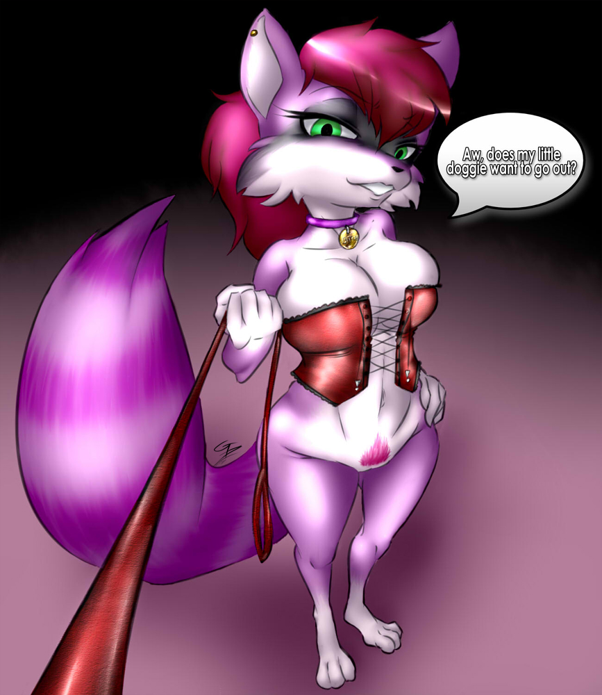2013 anthro big_breasts bottomless breasts canine cleavage clothed clothing collar english_text female fox gblastman green_eyes hair looking_at_viewer mammal navel pubes red_hair solo text