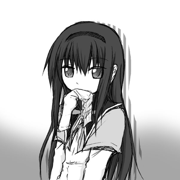 akemi_homura bad_id bad_pixiv_id black_hair capelet greyscale hairband long_hair long_sleeves looking_at_viewer magical_girl mahou_shoujo_madoka_magica monochrome ribbon sidelocks simple_background solo upper_body very_long_hair white_background yukimizu