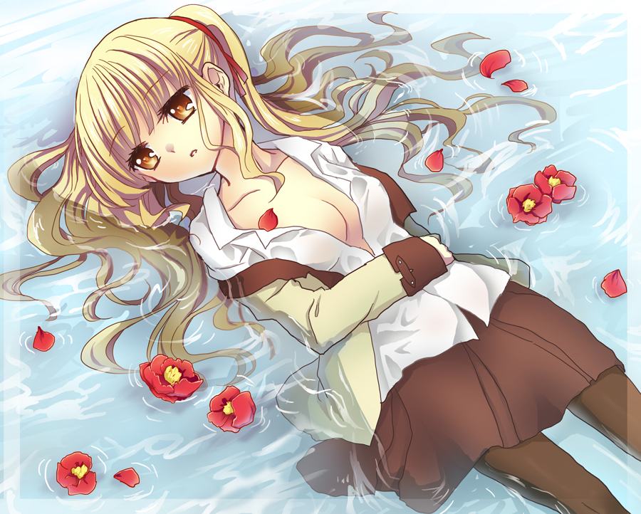 alternate_costume angel_beats! blonde_hair camellia flower long_hair lying nakamura_hinato open_clothes open_shirt pantyhose partially_submerged school_uniform shirt twintails water wet wet_clothes yusa_(angel_beats!)