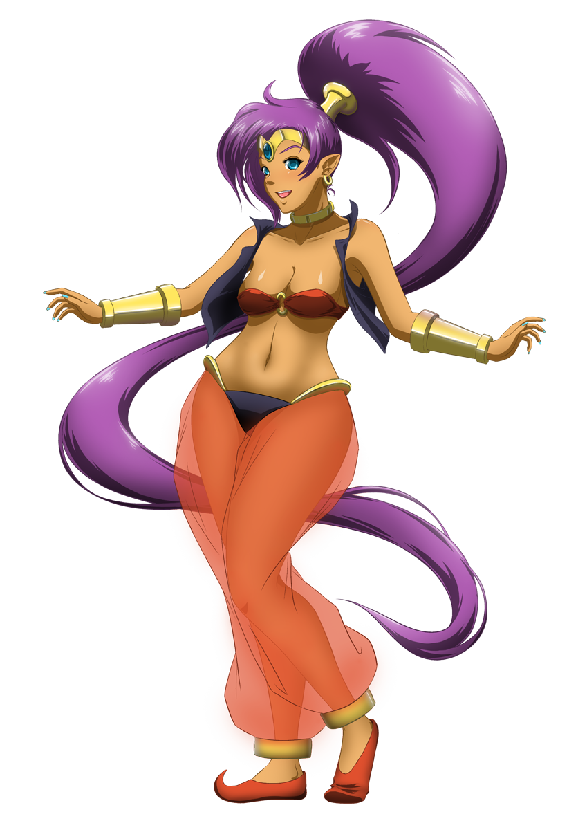 arabian_clothes bandeau blue_eyes breasts choker cleavage dark_skin earrings forehead_jewel full_body grimbyslayer harem_pants highres hoop_earrings jewelry long_hair medium_breasts midriff navel open_clothes open_vest pants pointy_ears pointy_shoes ponytail purple_hair see-through shantae_(character) shantae_(series) shoes smile solo tiara transparent_background very_long_hair vest