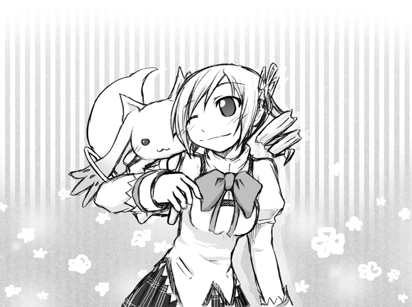 ;) bad_id bad_pixiv_id bow bowtie cowboy_shot creature drill_hair grey_background greyscale jewelry kyubey long_sleeves magical_girl mahou_shoujo_madoka_magica monochrome monster one_eye_closed plaid plaid_skirt pointy_ears ring simple_background skirt smile tomoe_mami twin_drills yukimizu
