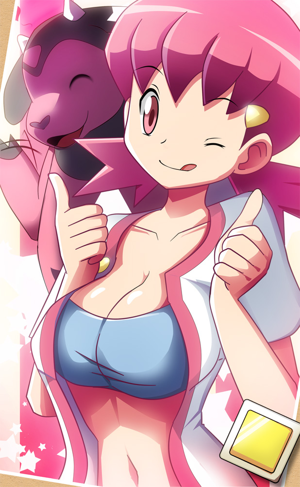 1girl :p akane_(pokemon) breasts cleavage collarbone ears gym_leader hair_ornament hairclip happy jacket large_breasts lips midriff miltank navel nintendo open-clotehs open_clothes open_jacket open_shirt pink_eyes pink_hair pokemon pokemon_(game) pokemon_character pokemon_gsc shiny shiny_skin shirt shorts smile solo tongue tongue_out vivivoovoo wink