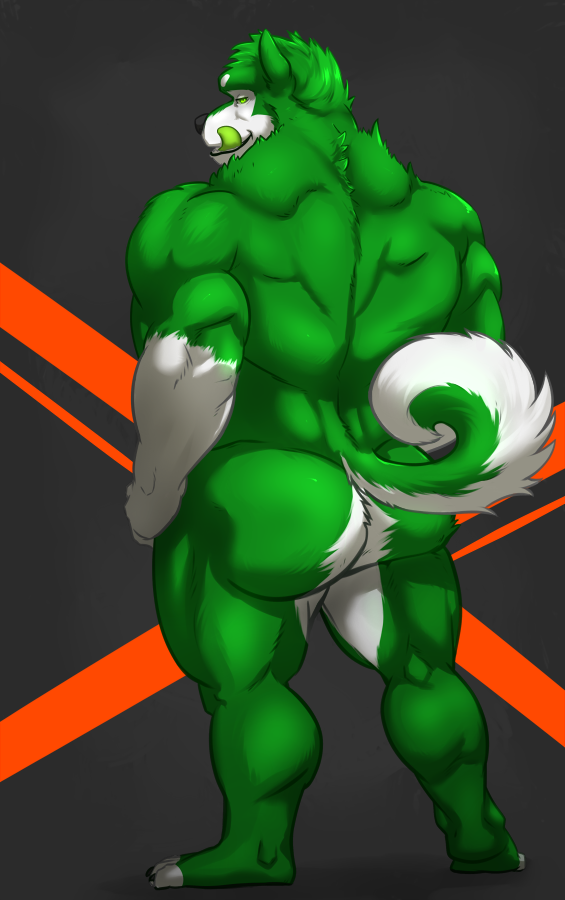 back_turned biceps big_muscles butt canine dog green_fur green_tongue husky licking licking_lips looking_at_viewer looking_back male muscles nude solo standing taoren tongue tongue_out