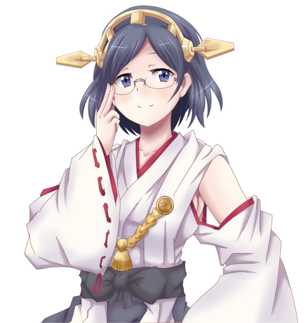 adjusting_eyewear bare_shoulders black_hair blue_eyes blush detached_sleeves eris_120 glasses hairband japanese_clothes kantai_collection kirishima_(kantai_collection) ribbon-trimmed_sleeves ribbon_trim semi-rimless_eyewear short_hair skirt smile solo