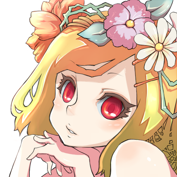 blonde_hair chin_rest close-up face flower hair_flower hair_ornament headwear looking_at_viewer original red_eyes short_hair smile solo uni_mate
