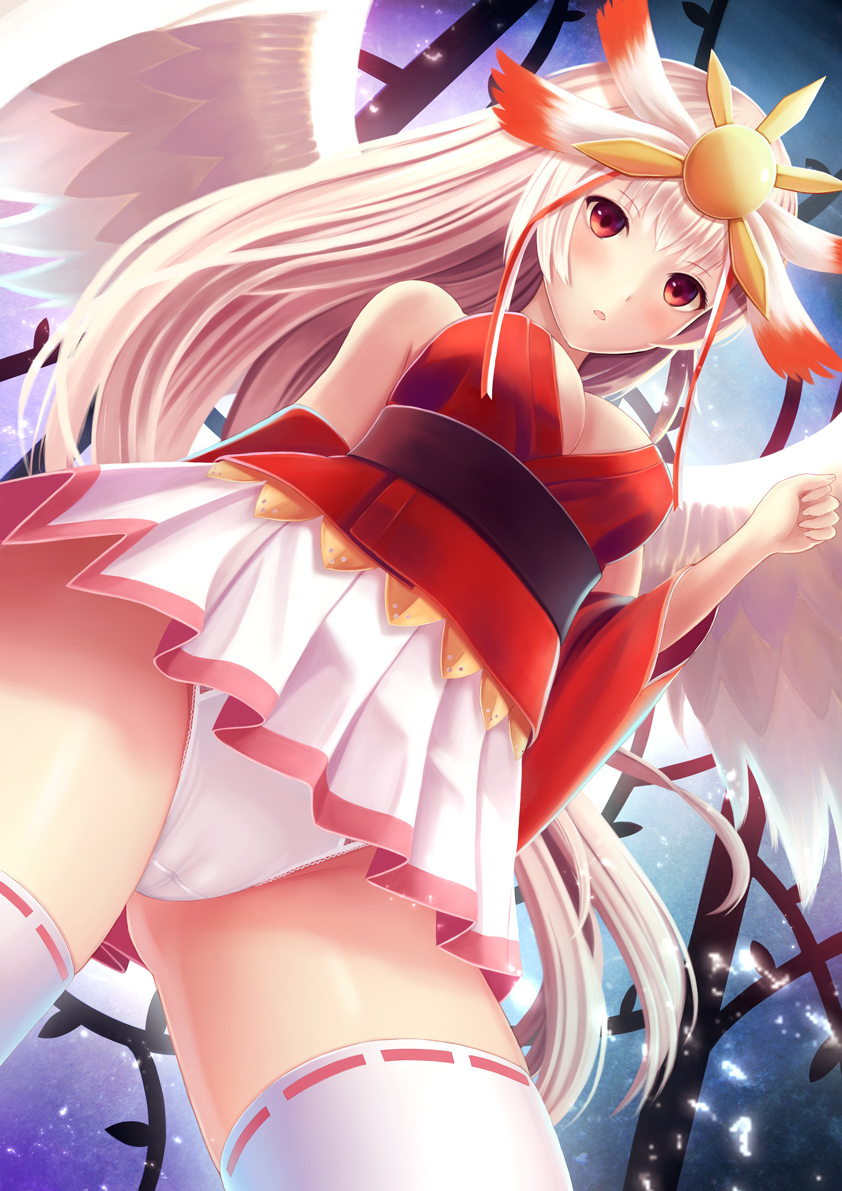 angel_wings arm_behind_back bad_id bad_pixiv_id bare_shoulders beatmania beatmania_iidx bemani blonde_hair blush breasts cleavage clenched_hand cowboy_shot detached_sleeves forehead_protector from_below houou_rinka long_hair looking_at_viewer medium_breasts megimegyo microskirt open_mouth panties pleated_skirt red_eyes ribbon-trimmed_legwear ribbon_trim skirt solo thighhighs underwear upskirt very_long_hair white_legwear white_panties wide_sleeves wings