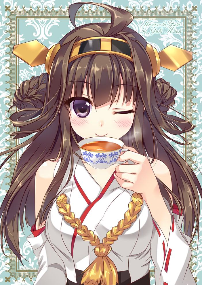 ;&gt; ahoge ameto_yuki bare_shoulders blush brown_hair character_name cup detached_sleeves hairband headgear kantai_collection kongou_(kantai_collection) long_hair looking_at_viewer nontraditional_miko one_eye_closed purple_eyes ribbon-trimmed_sleeves ribbon_trim simple_background smile solo steam tea teacup translated wide_sleeves