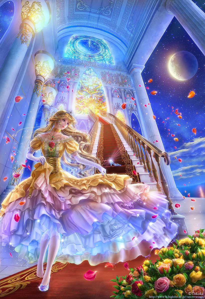 blonde_hair blue_eyes cinderella commentary_request dress flower full_moon glass_slipper gloves high_heels highres long_hair moon original petals rose shoes shoes_removed single_shoe skirt_hold solo stairs takashi_mare tiara