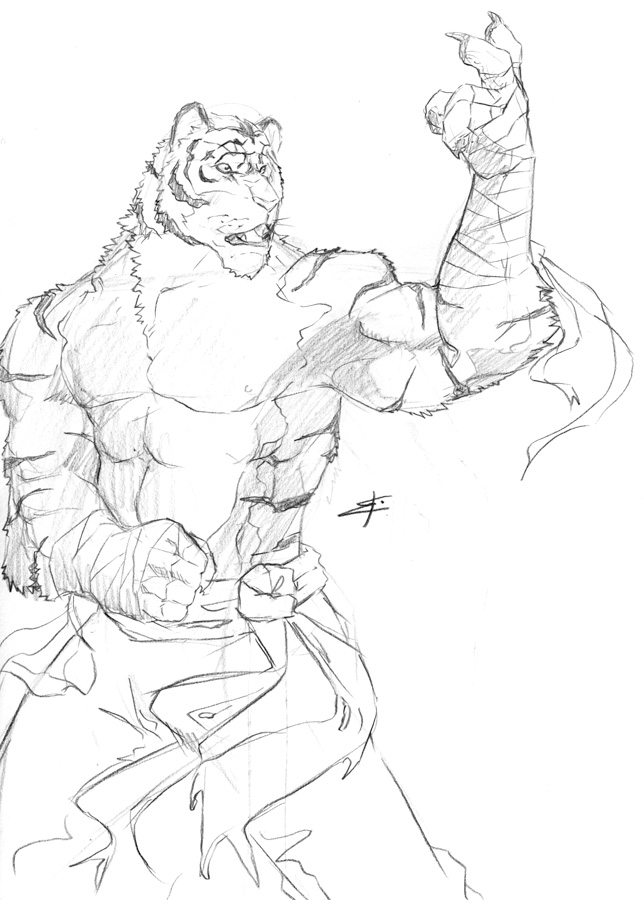 abs anthro bandage belt biceps body_markings claws clothed clothing fangs feline fur half-dressed lupesilverwind male mammal markings muscles nipples open_mouth pants pawpads paws pecs pose sketch solo standing stripes teeth tiger topless whiskers
