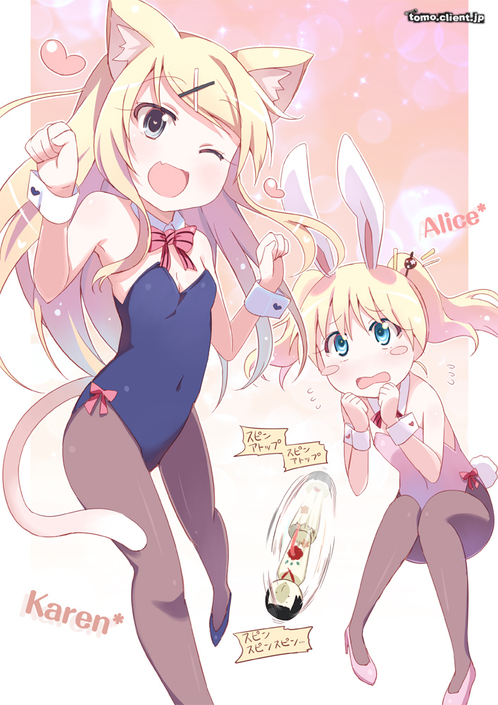 ;d alice_cartelet animal_ears bare_shoulders black_legwear blonde_hair blue_eyes blue_leotard blush blush_stickers bow bowtie bunny_ears bunny_girl bunny_tail bunnysuit cat_ears cat_tail character_name covered_navel detached_collar english fang flying_sweatdrops hair_ornament hairclip heart heart-shaped_pupils high_heels kemonomimi_mode kin-iro_mosaic kitahara_tomoe_(kitahara_koubou) kittysuit kokeshi kujou_karen leotard long_hair multiple_girls navel one_eye_closed open_mouth pantyhose paw_pose pink_footwear pink_leotard shoes short_hair smile symbol-shaped_pupils tail translated twintails watermark web_address wrist_cuffs x_hair_ornament