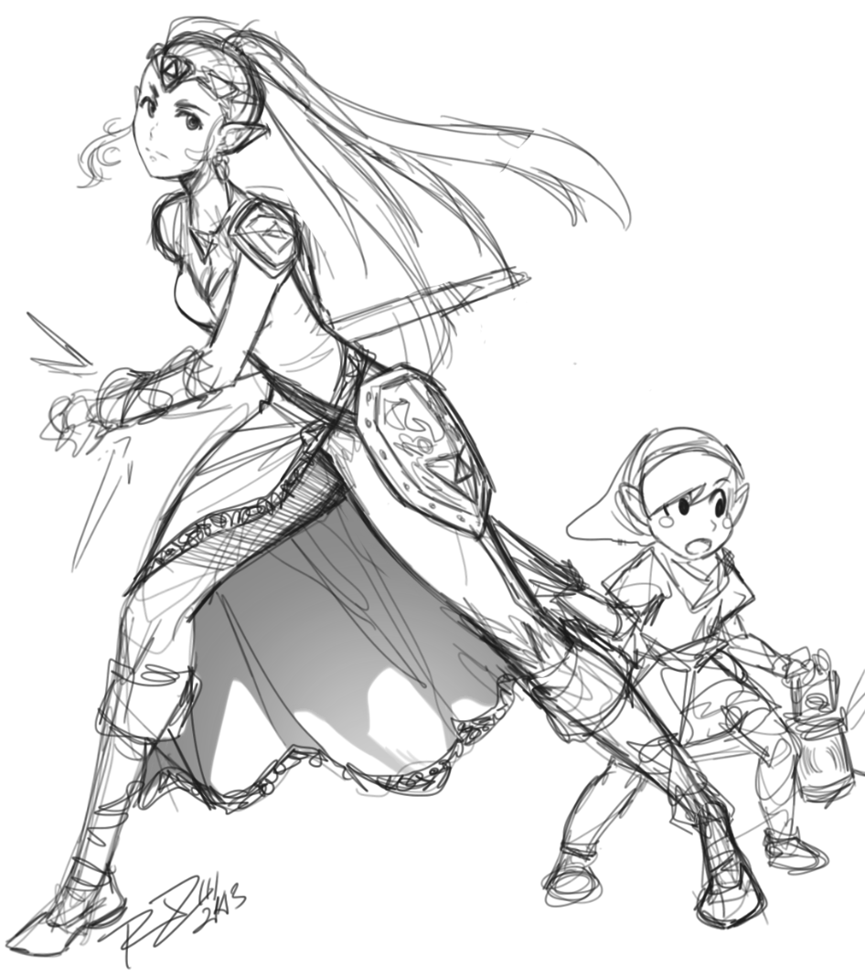 1girl age_difference alternate_hairstyle blush_stickers commentary english_commentary greyscale hand_on_hilt lantern link long_hair monochrome pants pants_rolled_up pauldrons princess_zelda robert_porter role_reversal shield showgirl_skirt sketch the_legend_of_zelda tunic twintails what_if younger