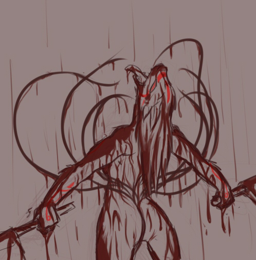 blood butt facial_markings fazo female hair long_hair looking_up markings rain red_eyes red_theme sketch solo standing sword tongue tongue_out tozol weapon