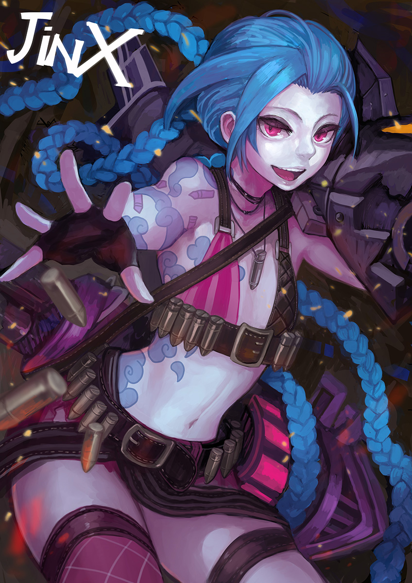 aqua_hair bandolier belt bikini_top braid bullet character_name choker danann fingerless_gloves flat_chest gloves gun highres jewelry jinx_(league_of_legends) league_of_legends long_hair loose_belt midriff navel necklace outstretched_hand over_shoulder pale_skin purple_eyes single_thighhigh smile solo tattoo thighhighs twin_braids very_long_hair weapon weapon_over_shoulder