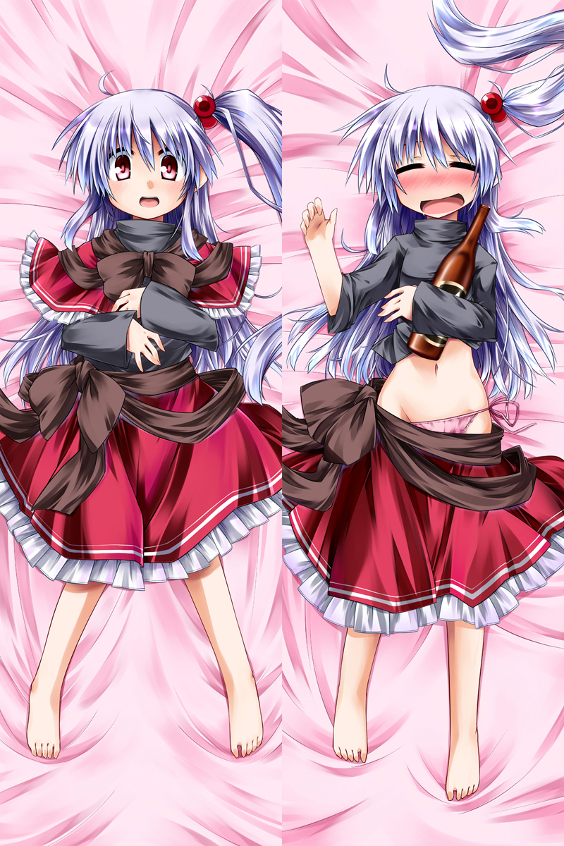 barefoot blush bottle bow capelet closed_eyes dakimakura drunk hair_bobbles hair_ornament hemogurobin_a1c highres long_hair long_sleeves looking_at_viewer lying midriff multiple_views navel on_back one_side_up open_mouth panties pink_eyes pink_panties sake_bottle sash shinki shirt shirt_lift side-tie_panties silver_hair skirt skirt_pull touhou touhou_(pc-98) underwear very_long_hair