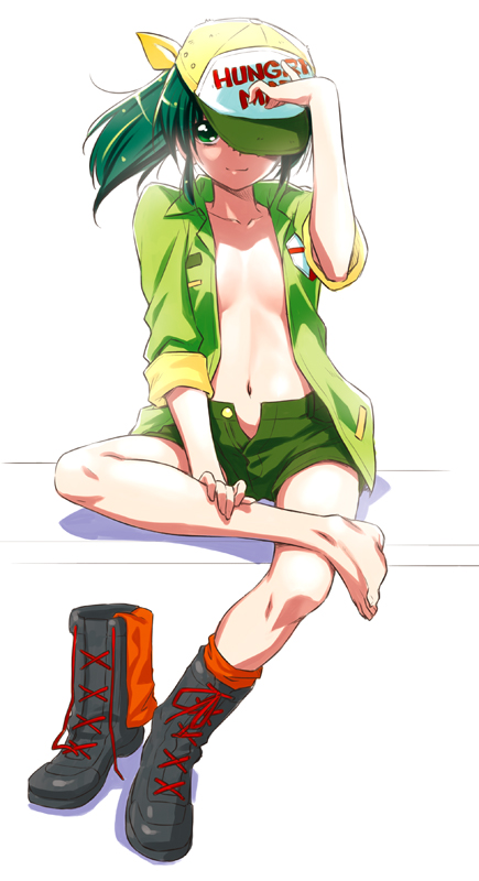 barefoot baseball_cap boots casual cross-laced_footwear english full_body green_eyes green_hair green_shirt green_shorts hand_on_headwear hand_on_leg hat hat_over_one_eye kazuma_muramasa light_smile looking_at_viewer midorikawa_nao navel no_bra one_eye_covered open_clothes open_fly open_shirt orange_legwear ponytail precure shirt shoes short_shorts shorts single_boot single_shoe sitting sleeves_rolled_up smile_precure! socks socks_removed solo white_background
