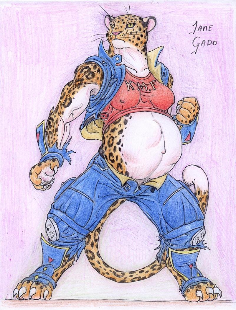 bloody_roar breasts buckle claws clothing feline female fur jacket jane_gado jeans leopard leovictor mammal muscles muscular_female navel pregnant shina shirt solo spots standing tank_top toe_claws torn_clothing vein whiskers white_fur yellow_eyes yellow_fur