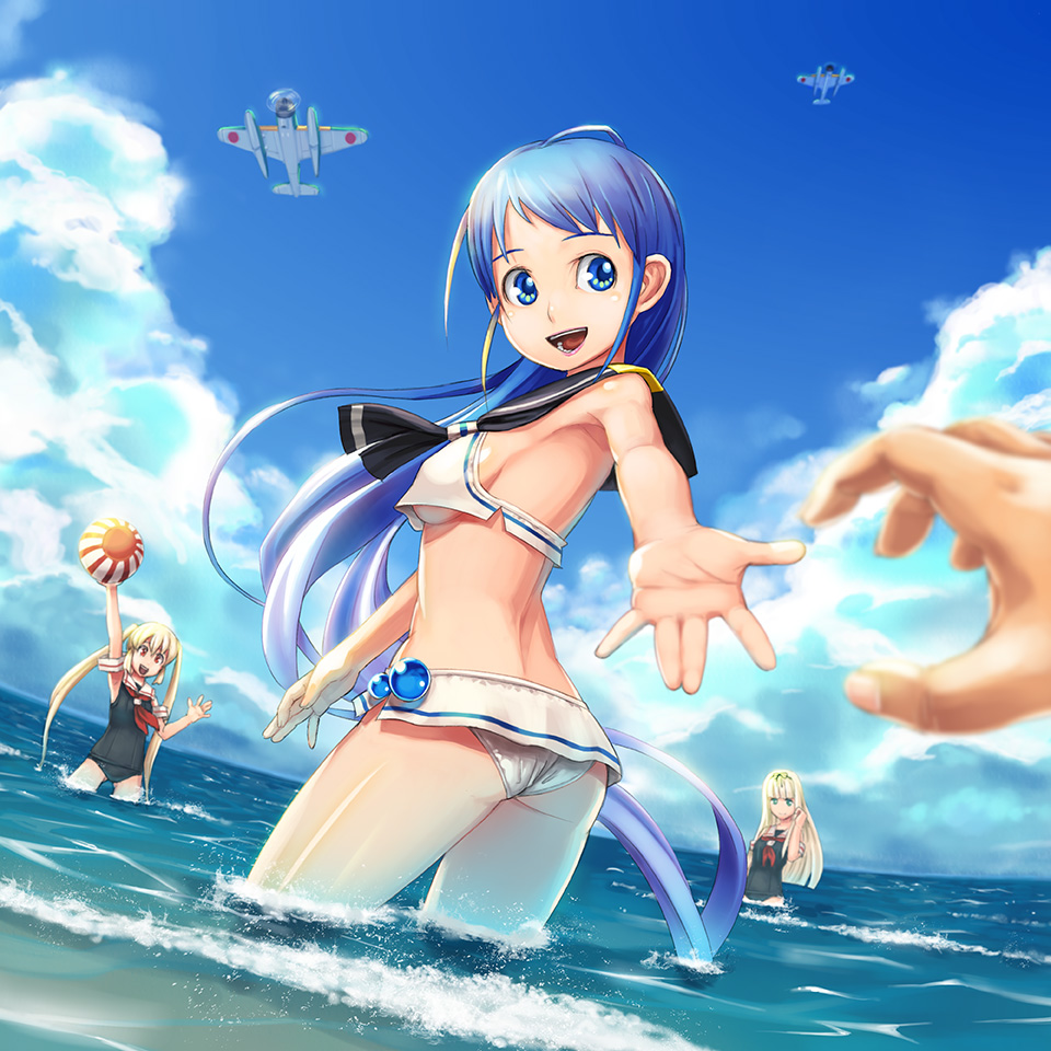 :d adapted_costume aircraft airplane arm_up armpits ball bare_arms beachball blonde_hair blue_eyes blue_hair bow breasts cloud day hair_bow horizon kantai_collection long_hair looking_back maruta_kentarou medium_breasts multiple_girls murasame_(kantai_collection) ocean one-piece_swimsuit open_mouth outdoors outstretched_arm outstretched_hand ponytail pov pov_hands reaching_out red_eyes samidare_(kantai_collection) school_swimsuit shiny shiny_skin smile swimsuit twintails underboob very_long_hair wading waves yuudachi_(kantai_collection)