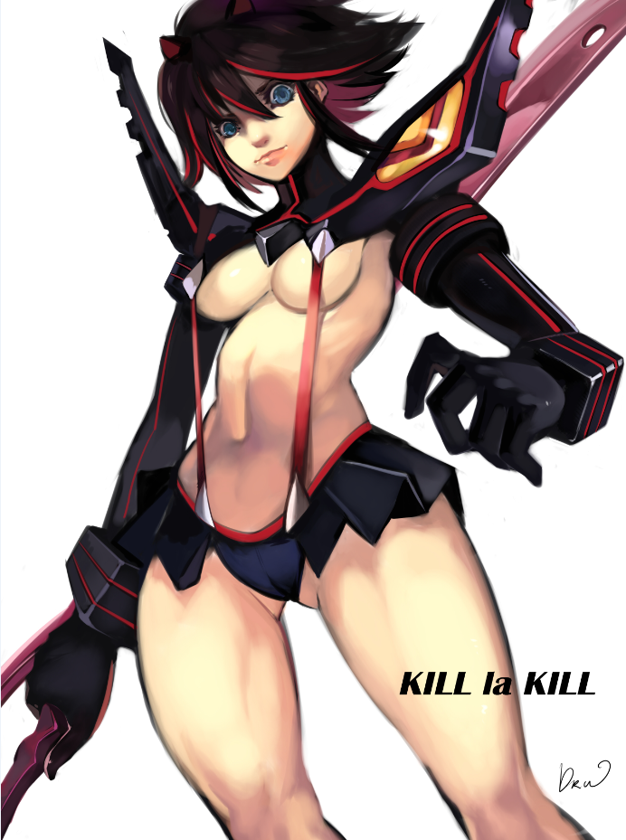bare_legs black_hair blue_eyes breasts dr.wolf hairpods kill_la_kill lips matoi_ryuuko medium_breasts microskirt multicolored_hair nose red_hair revealing_clothes scissor_blade senketsu shaded_face short_hair simple_background skirt solo suspenders sword thighs underboob weapon white_background