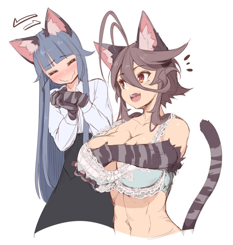 2girls ahoge animal_ears bare_shoulders blue_hair blush bra breasts brown_eyes brown_hair cat_ears cat_paws cat_tail cleavage hand_in_bra huge_ahoge large_breasts long_hair multiple_girls navel open_mouth original paws simple_background tail toned underwear white_background yagatake_arashi yana_(nekoarashi)