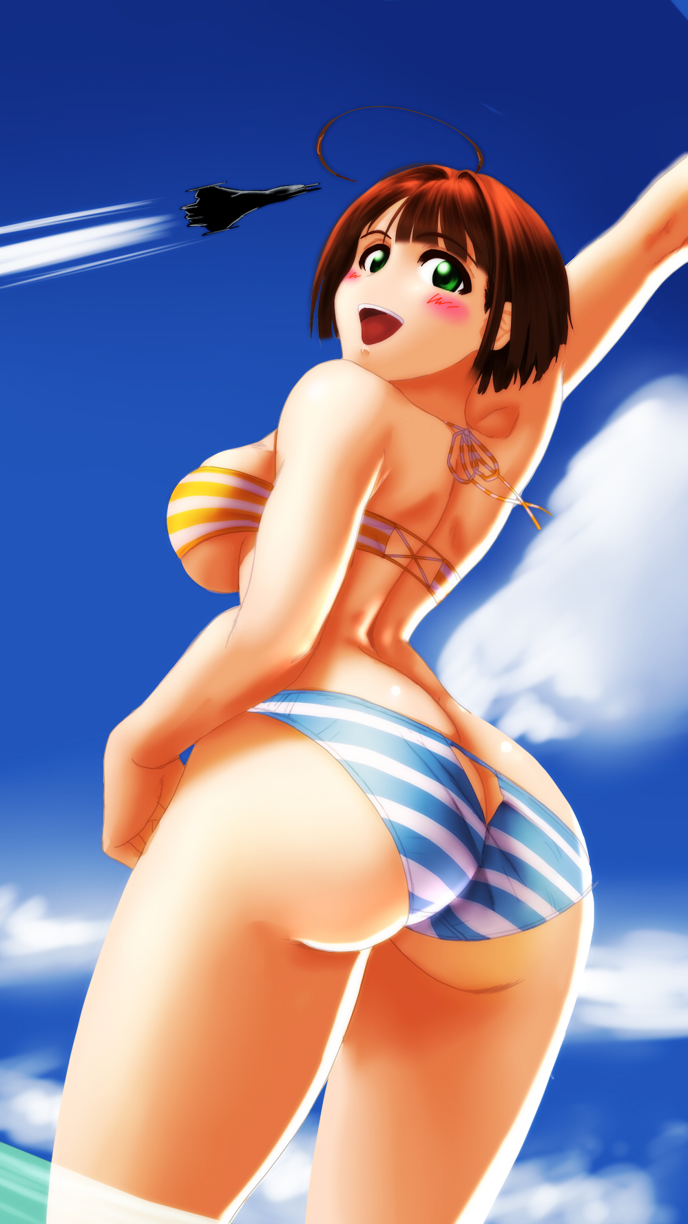 ahoge aircraft airplane ass ass_cutout bikini blue_bikini blush brown_hair butt_crack cloud condensation_trail day fighter_jet green_eyes harada_makoto highres jet looking_at_viewer looking_back military military_vehicle multicolored multicolored_bikini multicolored_clothes ocean ookami_makoto open_mouth short_hair sky smile solo standing striped striped_bikini swimsuit uchuu_senkan_yamato uchuu_senkan_yamato_2199 waving