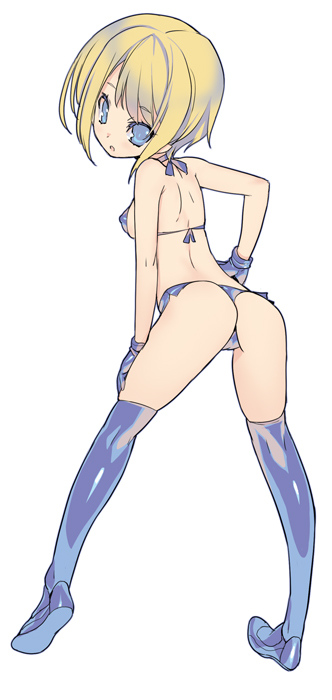 ass back bikini blade_(galaxist) blonde_hair blue_bikini blue_eyes blue_gloves blue_legwear blush bob_cut breasts from_behind full_body gloves hand_on_hip hand_on_thigh legs loafers looking_at_viewer looking_back medium_breasts open_mouth original over-kneehighs petite shoes short_hair side-tie_bikini sideboob simple_background solo standing swimsuit thighhighs thong_bikini white_background