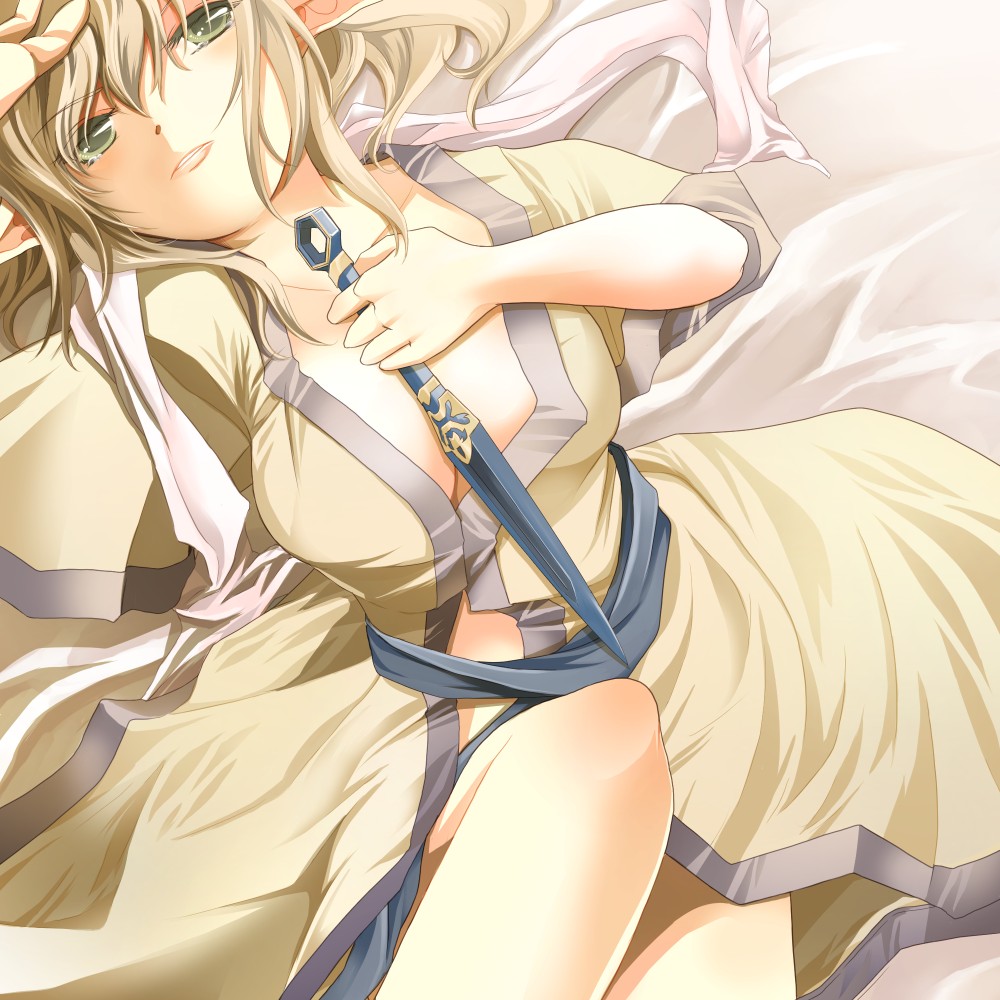 blonde_hair blush green_eyes hypoxis kunai lying mizuhashi_parsee open_clothes open_robe pointy_ears robe scarf short_hair solo touhou weapon