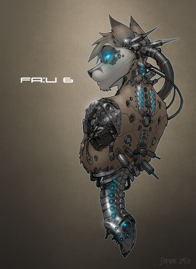 blue_eyes brown_hair cable canine cyborg glowing glowing_eyes grey_background grey_hair hair machine male mammal mechanical metal plain_background robot solo strype texture_background wolf